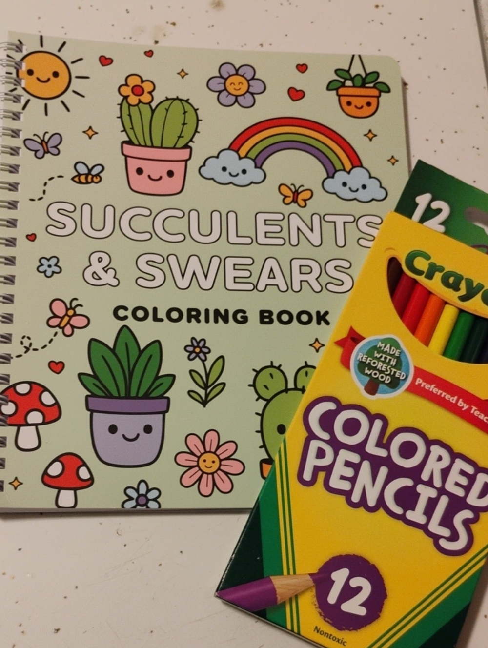 2PC-Succulents & Swears Coloring Book & Crayola Colored Pencils Set 💚